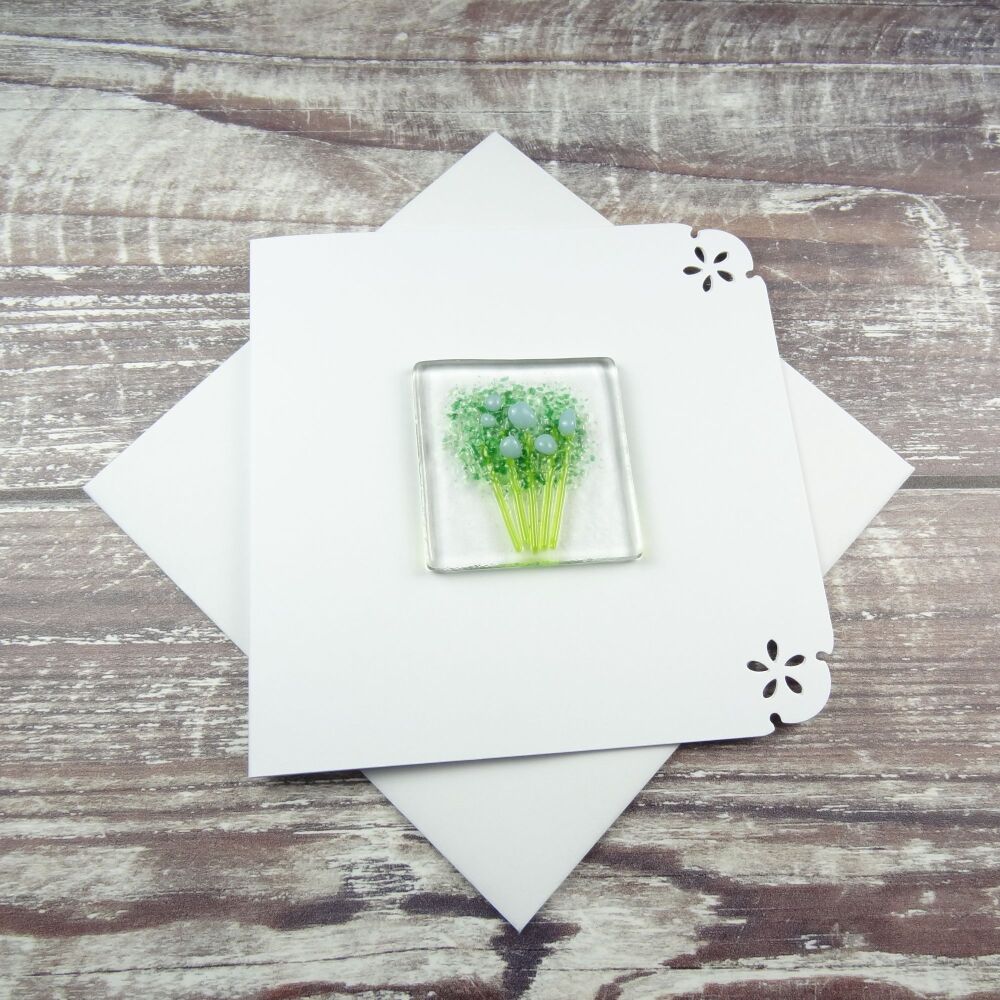 Handmade fused glass art greeting card, any occasion ~ pale blue flowers, floral, bouquet ~ 4x4 inch card, 1.5 inch (+/-) glass (#416)