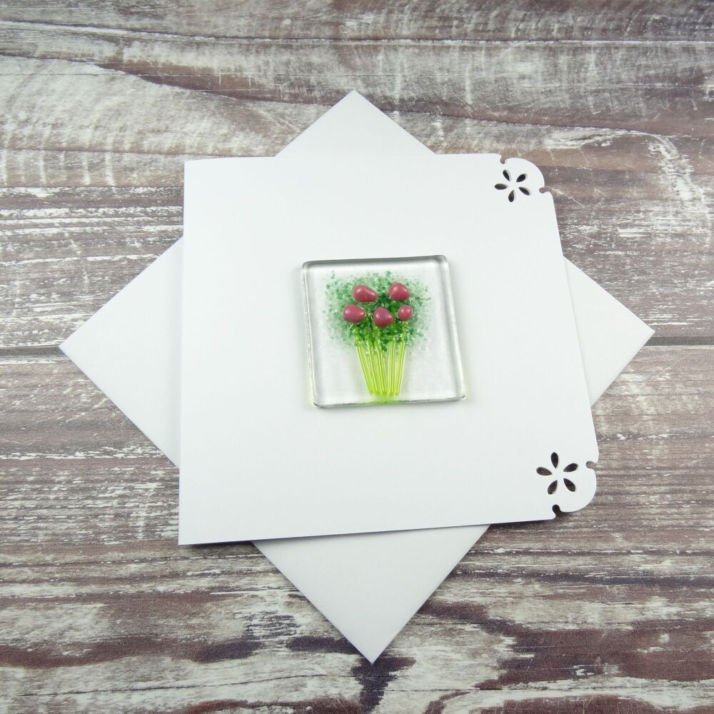 Handmade fused glass art greeting card, any occasion ~ pink flowers, floral, bouquet ~ 4x4 inch card, 1.5 inch (+/-) glass (#419)