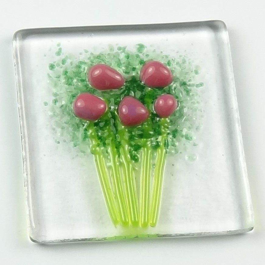 Handmade fused glass art greeting card, any occasion ~ pink flowers, floral, bouquet ~ 4x4 inch card, 1.5 inch (+/-) glass (#419)