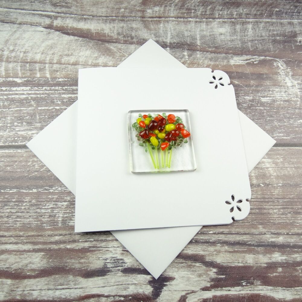 Handmade fused glass art greeting card, any occasion ~ orange & yellow flowers, floral, bouquet ~ 4x4 inch card, 1.5 inch (+/-) glass (#413)