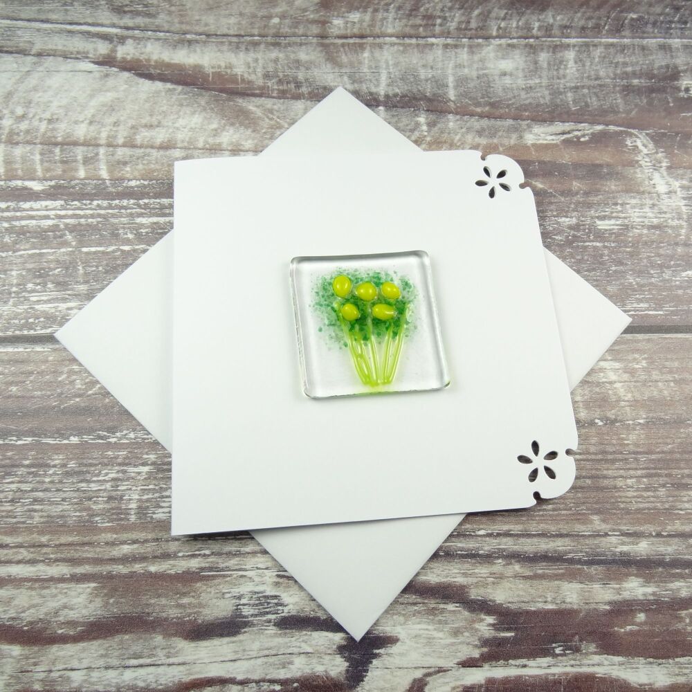 Handmade fused glass art greeting card, any occasion ~ yellow flowers, floral, bouquet ~ 4x4 inch card, 1.5 inch (+/-) glass (#418)