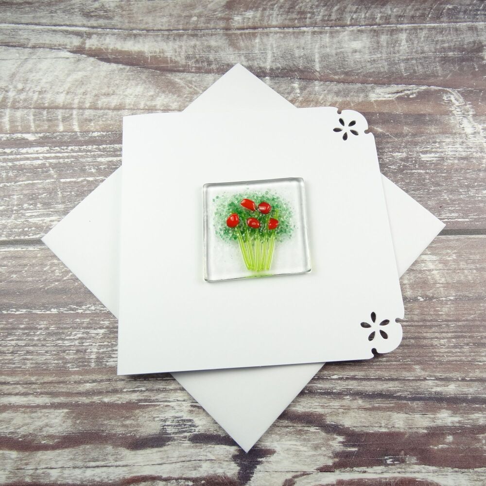 Handmade fused glass art greeting card, any occasion ~ red flowers, floral, bouquet ~ 4x4 inch card, 1.5 inch (+/-) glass (#424)