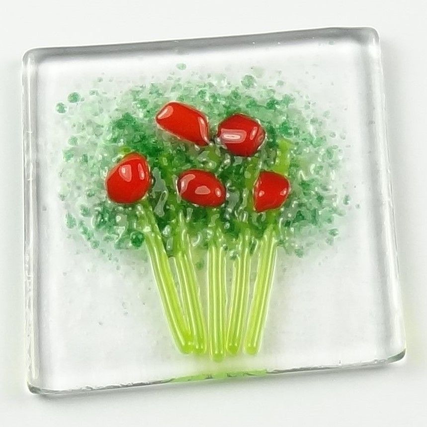 Handmade fused glass art greeting card, any occasion ~ red flowers, floral, bouquet ~ 4x4 inch card, 1.5 inch (+/-) glass (#424)