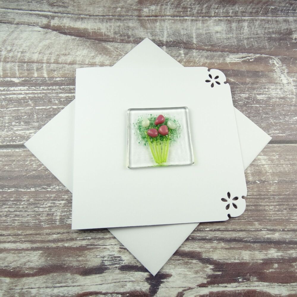 Handmade fused glass art greeting card, any occasion ~ pink & white flowers, floral, bouquet ~ 4x4 inch card, 1.5 inch (+/-) glass (#420)