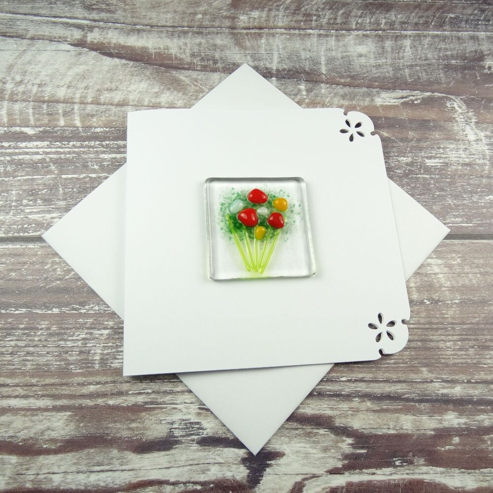 Handmade fused glass greeting card any occasion orange yellow white flowers