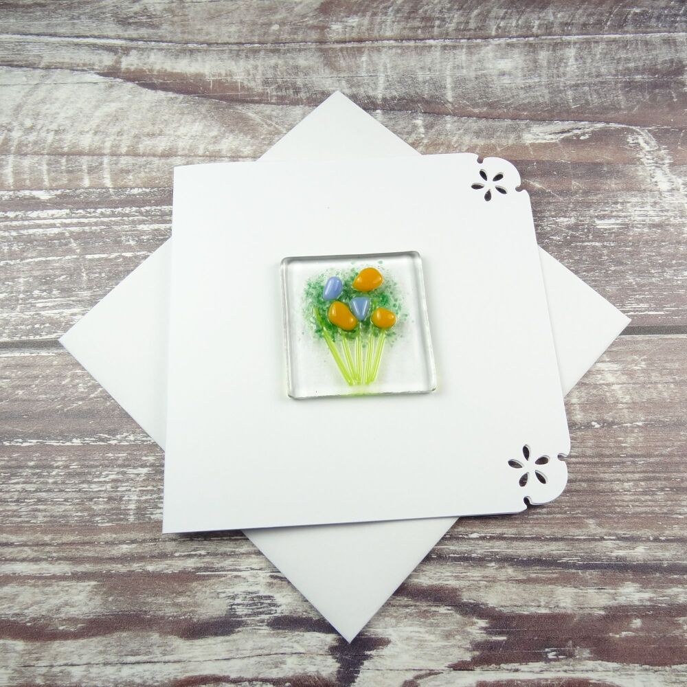 Handmade fused glass art greeting card, any occasion ~ orange & blue flowers, floral, bouquet ~ 4x4 inch card, 1.5 inch (+/-) glass (#425)