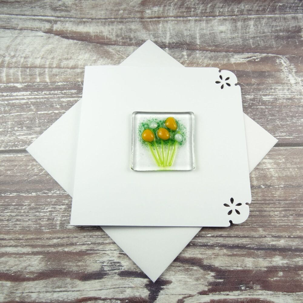 Handmade fused glass art greeting card, any occasion ~ orange & white flowers, floral, bouquet ~ 4x4 inch card, 1.5 inch (+/-) glass (#427)