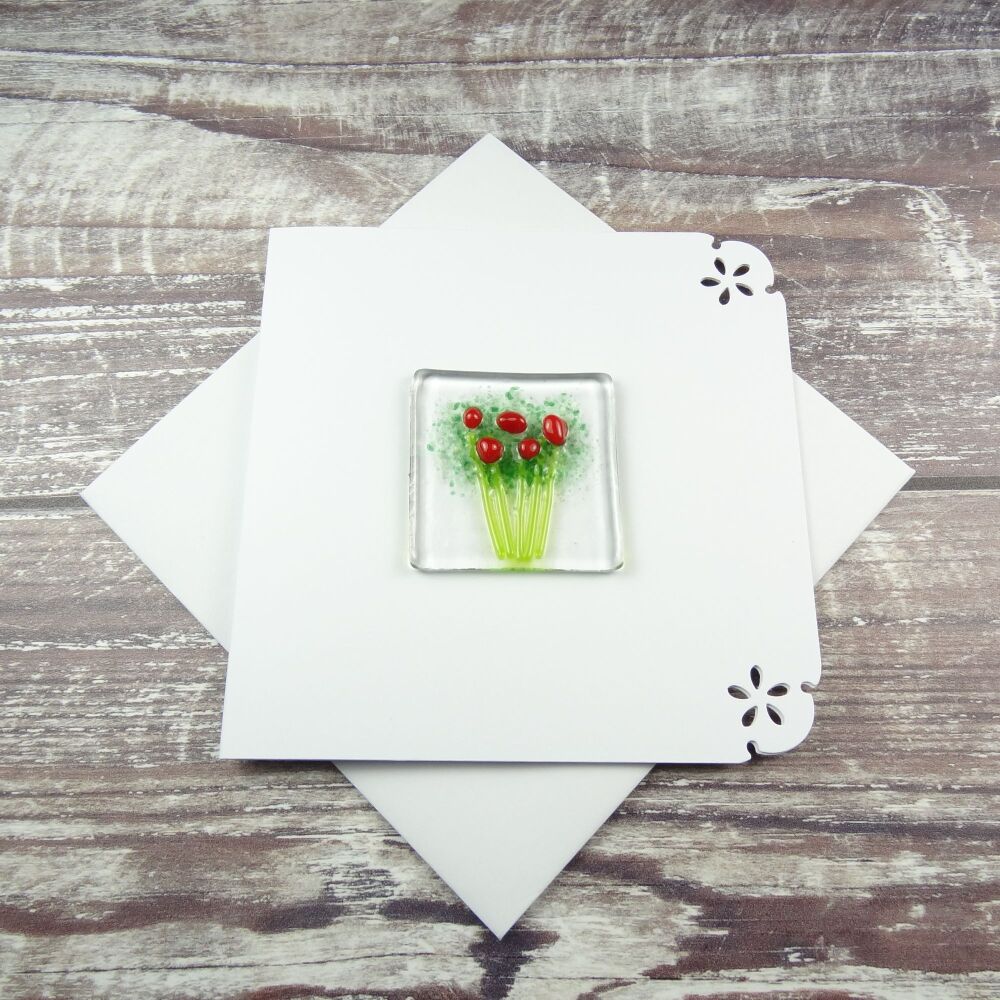 Handmade fused glass art greeting card, any occasion ~ red flowers, floral, bouquet ~ 4x4 inch card, 1.5 inch (+/-) glass (#428)