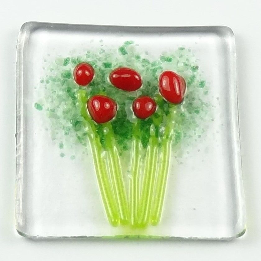 Handmade fused glass art greeting card, any occasion ~ red flowers, floral, bouquet ~ 4x4 inch card, 1.5 inch (+/-) glass (#428)