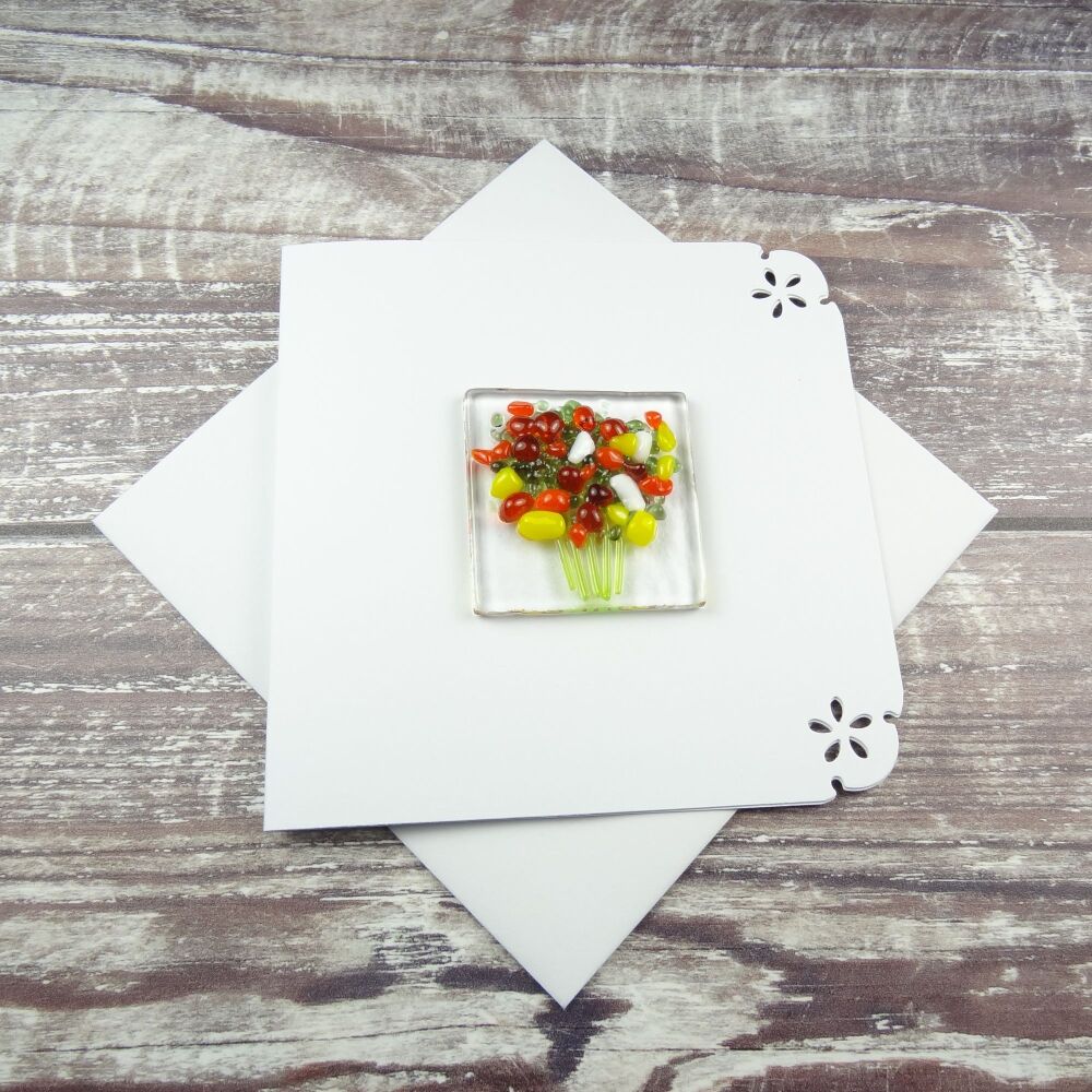 Handmade fused glass art greeting card, any occasion ~ yellow, orange & white flowers, floral, bouquet ~ 4x4 inch card, 1.5 inch (+/-) glass (#414)