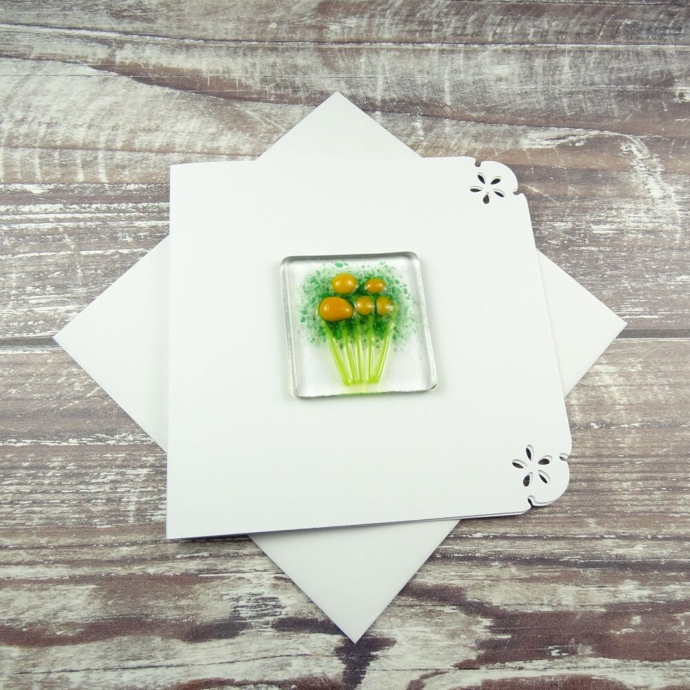 Handmade fused glass art greeting card, any occasion ~ orange flowers, floral, bouquet ~ 4x4 inch card, 1.5 inch (+/-) glass (#417)