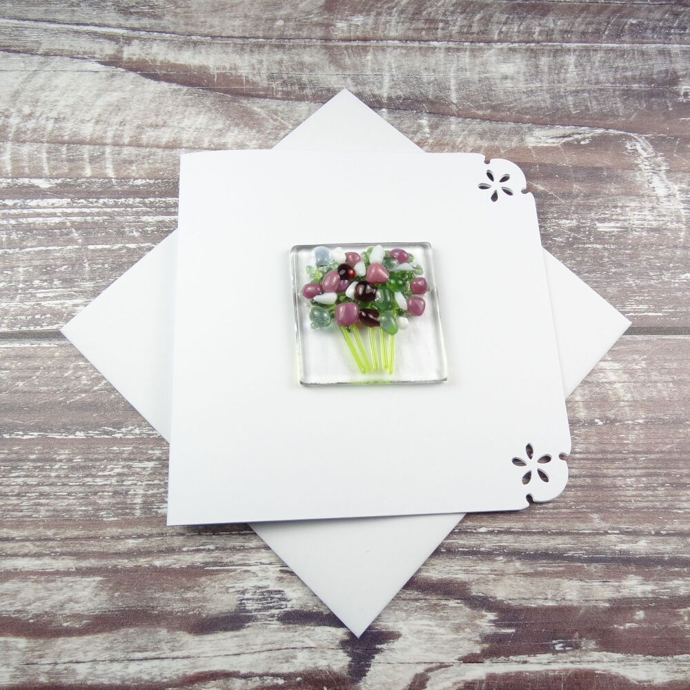 Handmade fused glass art greeting card, any occasion ~ pink, white & claret red flowers, floral, bouquet ~ 4x4 inch card, 1.5 inch (+/-) glass (#412)