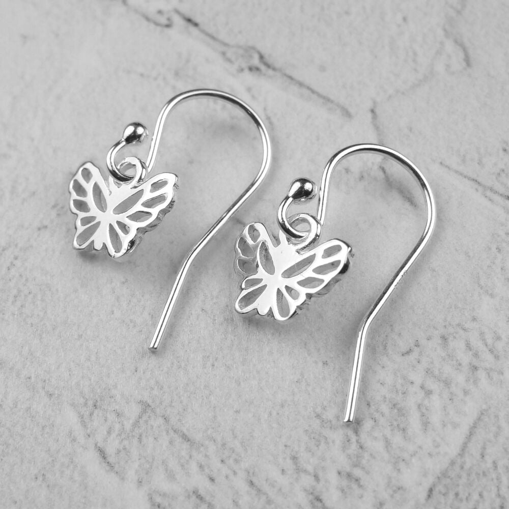 Sterling silver drop/dangle earrings with dainty butterflies, in a gift box