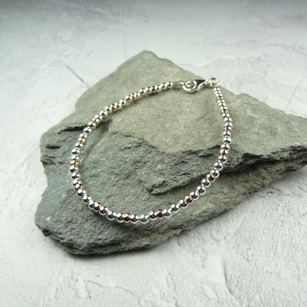 Sterling silver & 14K rose-gold filled bead stacking bracelet with lobster clasp (#1 ~ round & rondelle)