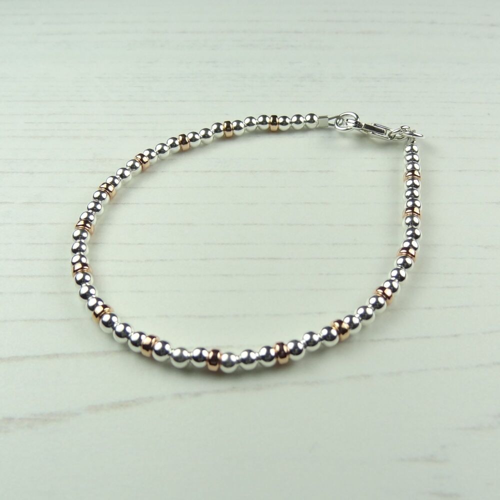 Sterling silver & 14K rose-gold filled bead stacking bracelet with lobster clasp (#1 ~ round & rondelle)