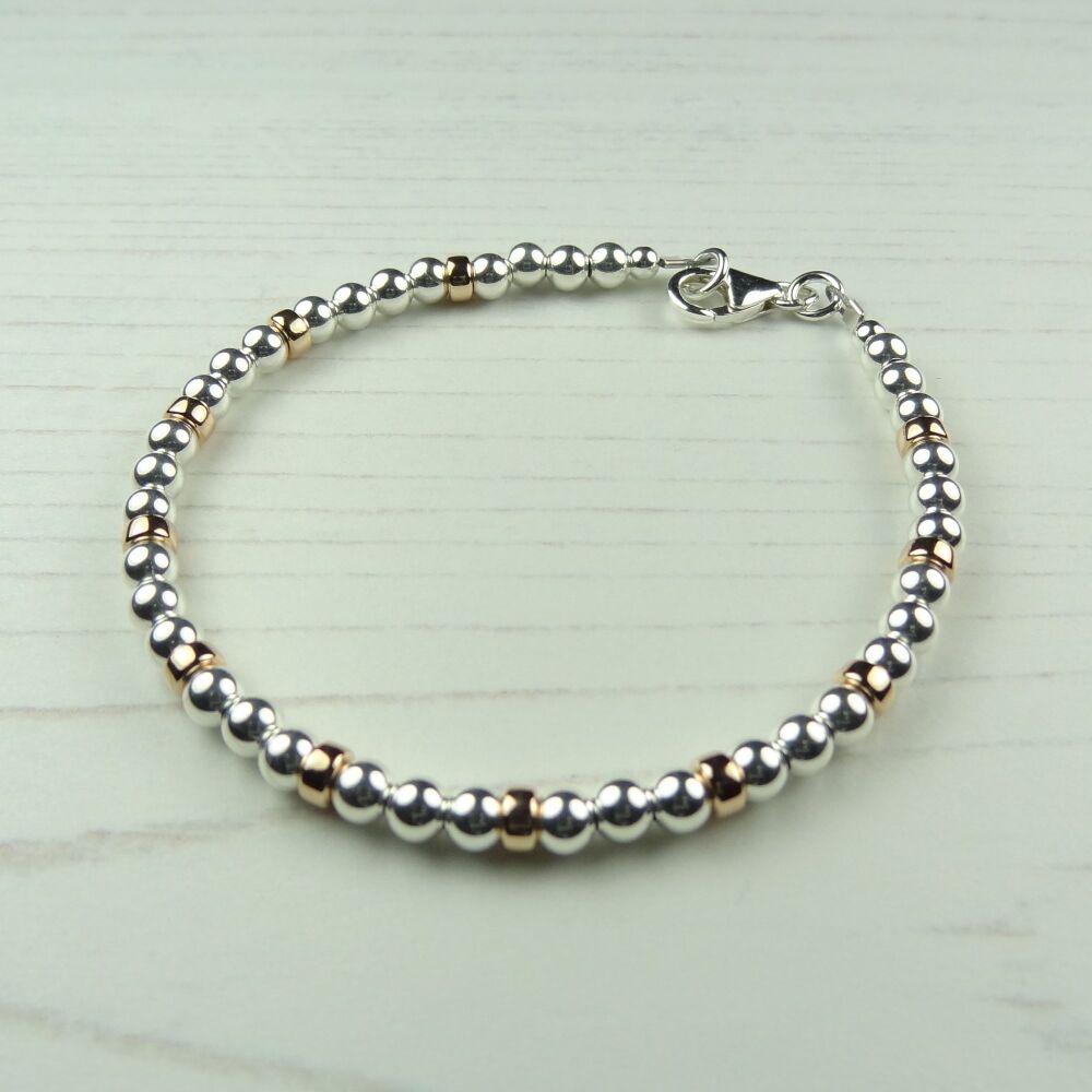 Sterling silver & 14K rose-gold filled bead stacking bracelet with lobster clasp (#2 ~ round & rondelle)