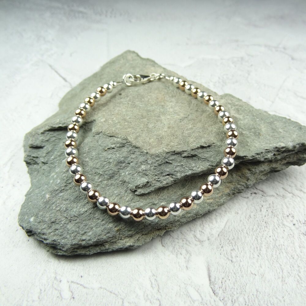 Sterling silver & 14K rose-gold filled bead stacking bracelet with clasp