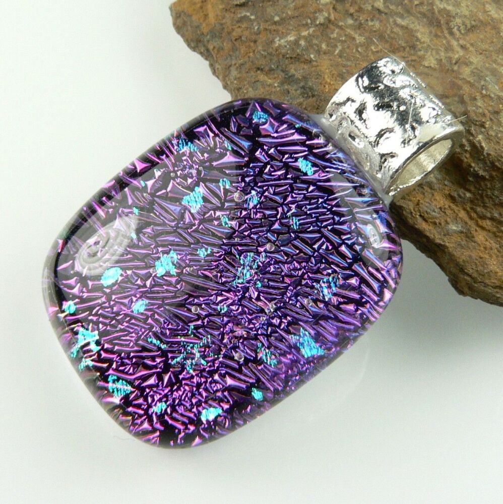 3.4cm purple-ish and blue genuine Dichroic glass pendant with leather cord & gift box (#8742)