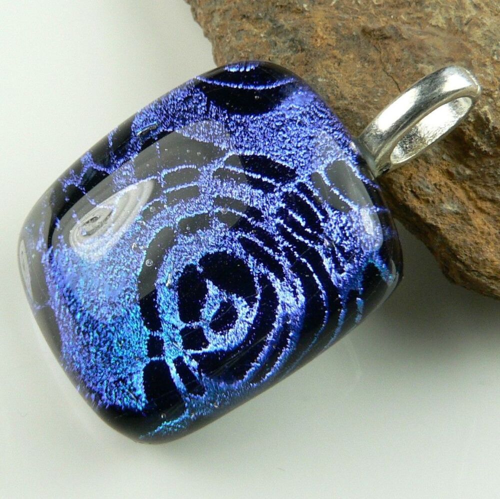 3.3cm blue & black genuine Dichroic glass pendant, with leather cord