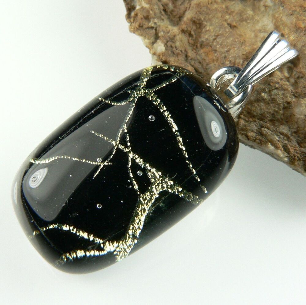 3.1cm black and gold genuine Dichroic glass pendant, with leather cord & gift box (#8885)