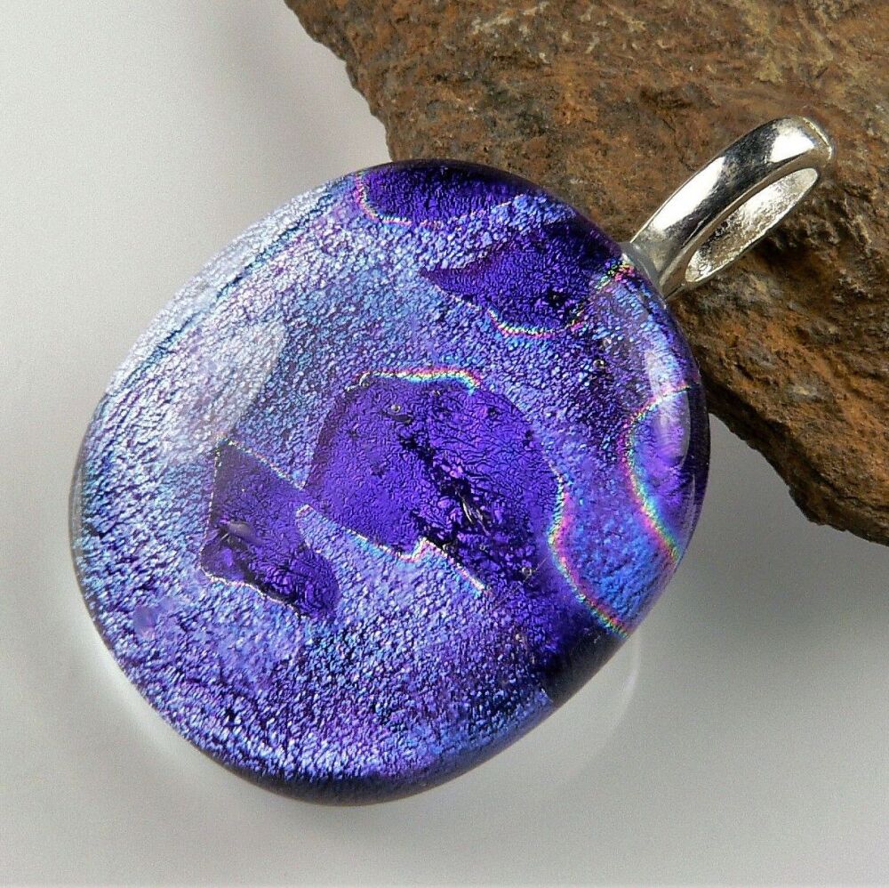 3.4cm blue genuine Dichroic glass pendant, with leather cord