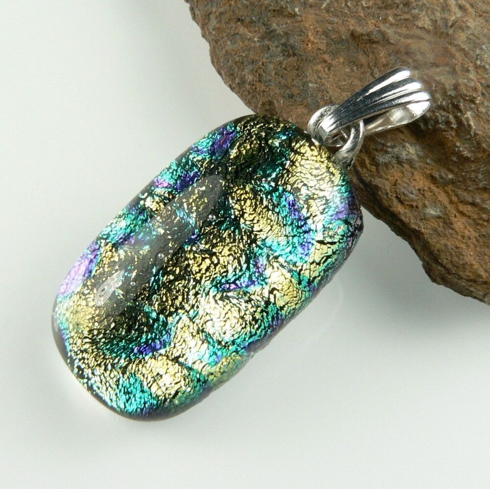 3.2cm multi-coloured genuine Dichroic glass pendant, with leather cord