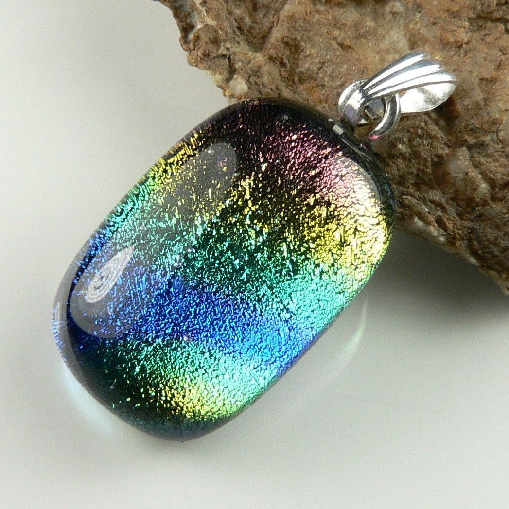 pink yellow green blue genuine Dichroic glass pendant, with leather cord