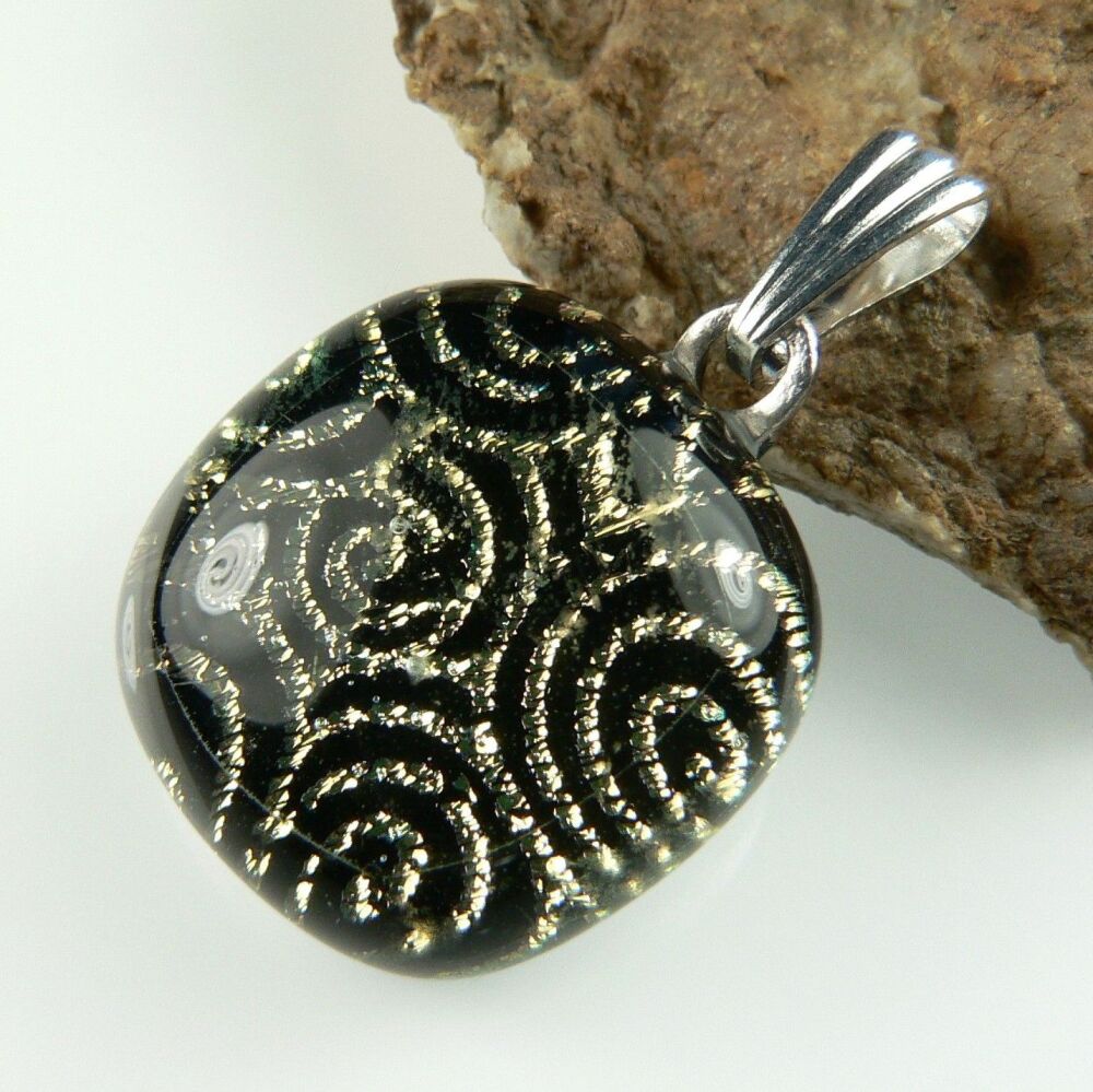 2.7cm black and gold genuine Dichroic glass pendant, with leather cord & gift box (#8874)