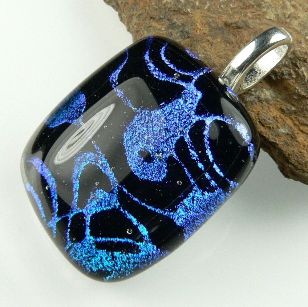 3.4cm blue & black genuine Dichroic glass pendant, with leather cord & gift box (#8903)