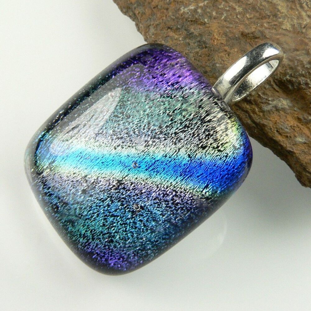 3.1cm multi-coloured genuine Dichroic glass pendant, with leather cord & gift box (#8747)