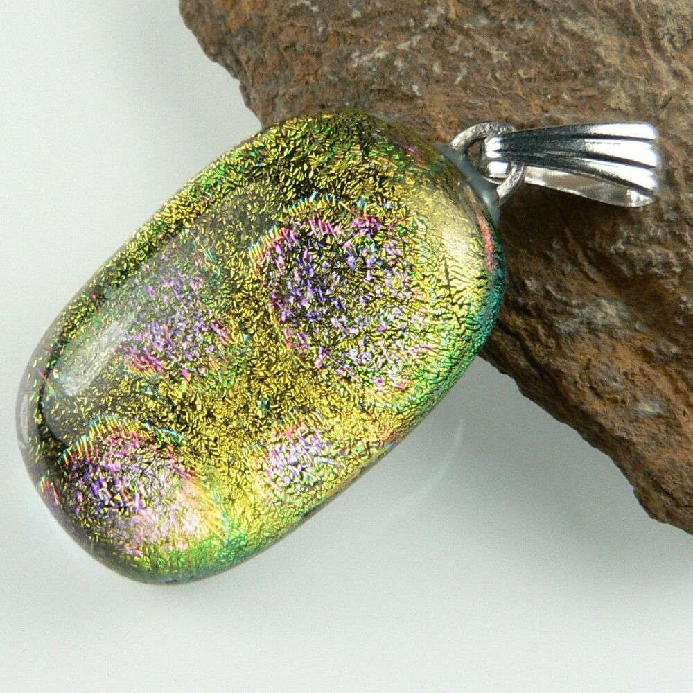 yellow and pink genuine Dichroic glass pendant, with leather cord