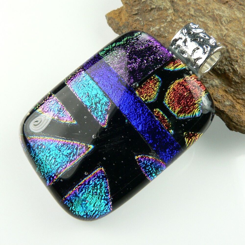 4.1cm multi-coloured genuine Dichroic glass pendant, with leather cord & gift box (#8754)