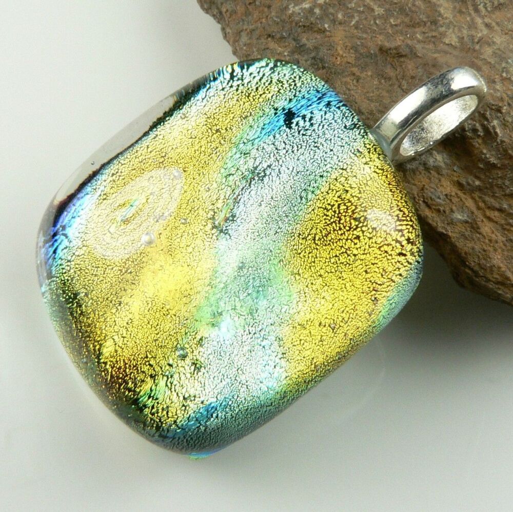 yellow and blue genuine Dichroic glass pendant, with leather cord