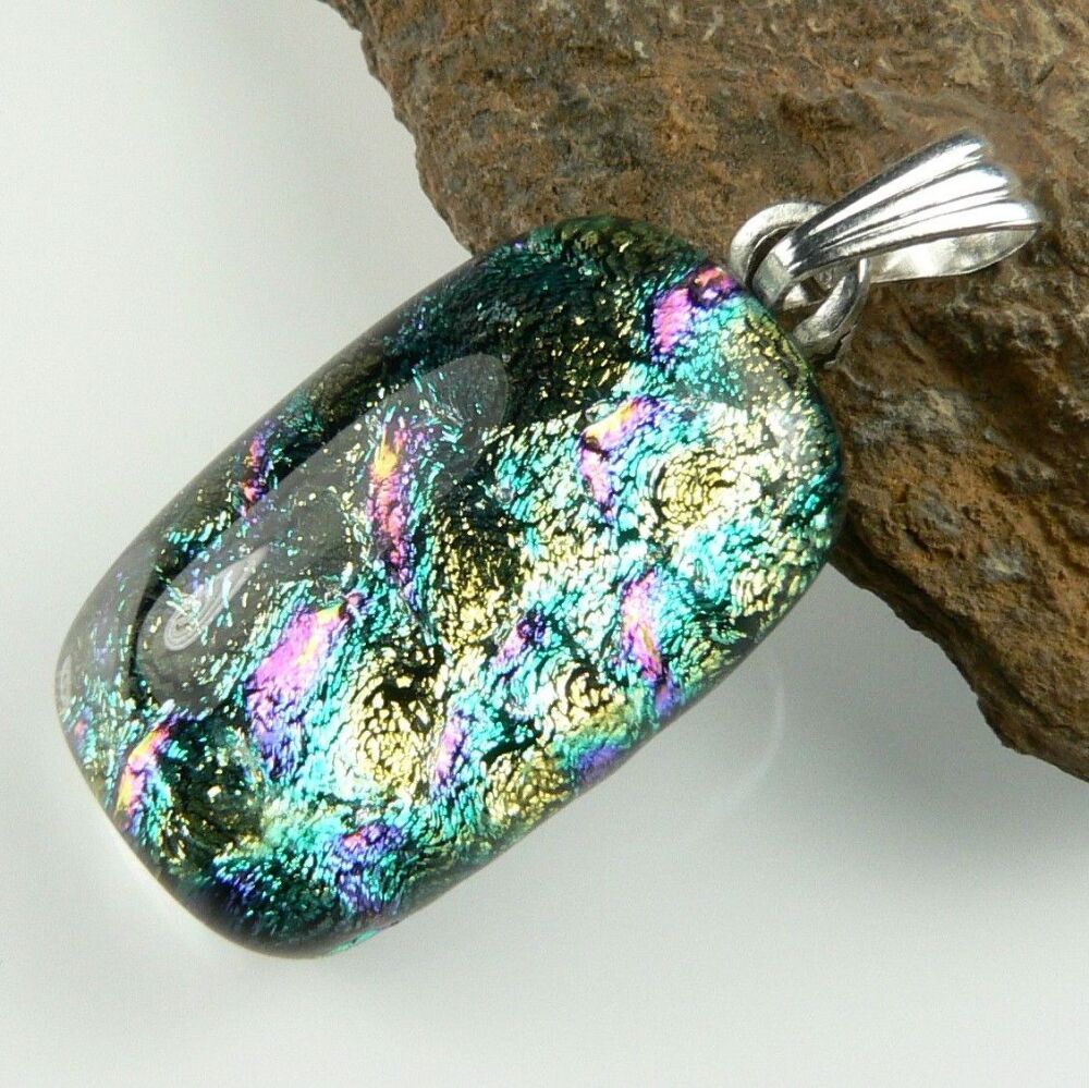 multi-coloured genuine Dichroic glass pendant, with leather cord