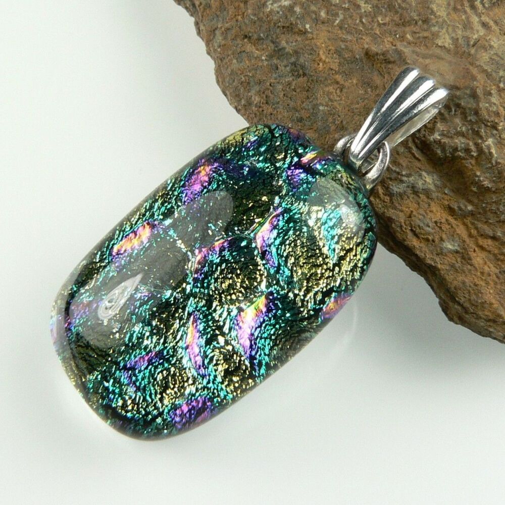 3.1cm multi-coloured genuine Dichroic glass pendant, with leather cord & gi