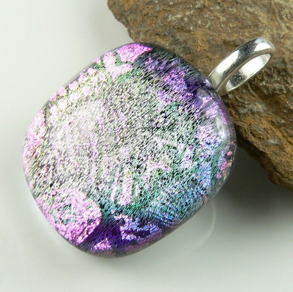 pink genuine Dichroic glass pendant, with leather cord