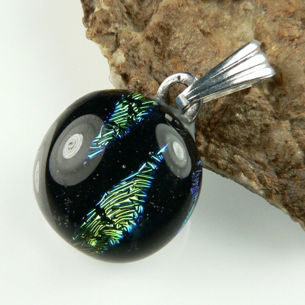 2.3cm black yellow and blue genuine Dichroic glass pendant, with leather cord & gift box (#8867)