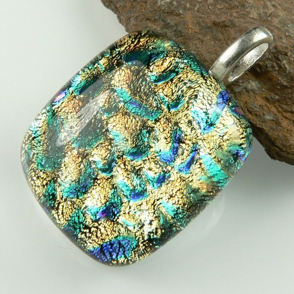 3.5cm multi-coloured genuine Dichroic glass pendant, with leather cord & gift box (#8980)