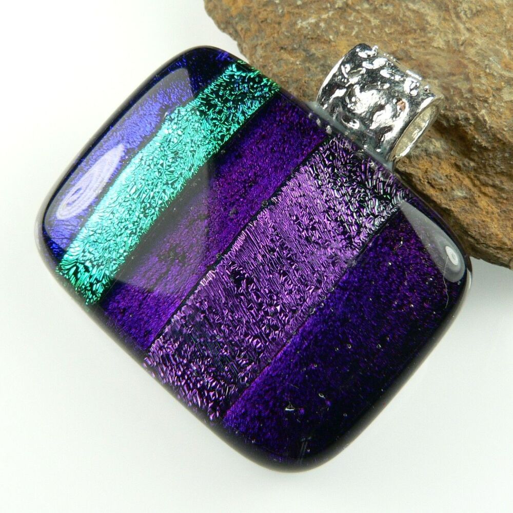 3.2cm blue purple green genuine Dichroic glass pendant, with leather cord & gift box (#8988)