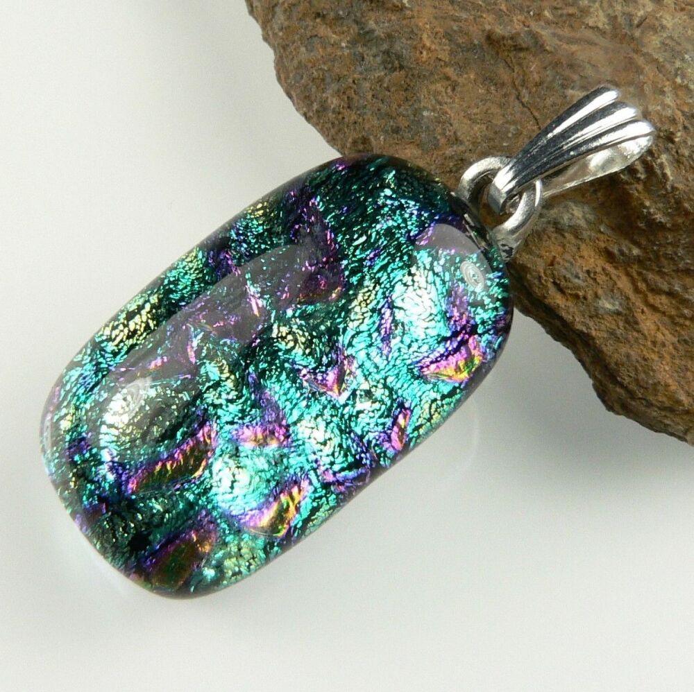 3.2cm multi-coloured genuine Dichroic glass pendant, with leather cord & gift box (#8938)