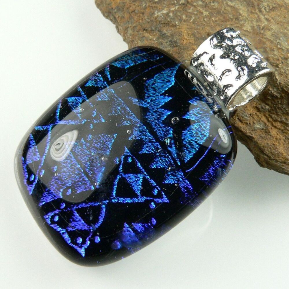 3.4cm blue & black genuine Dichroic glass pendant, with leather cord & gift box (#8983)