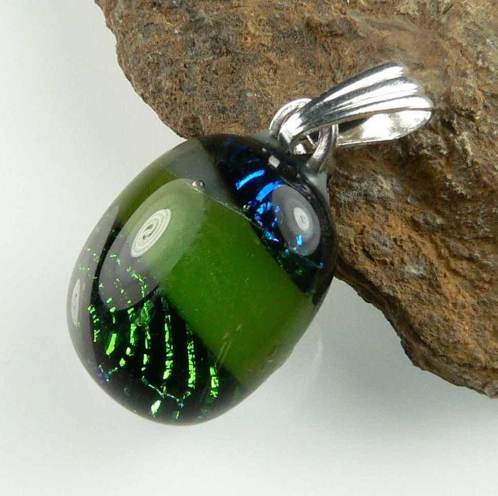 green and blue genuine Dichroic glass pendant, with leather cord