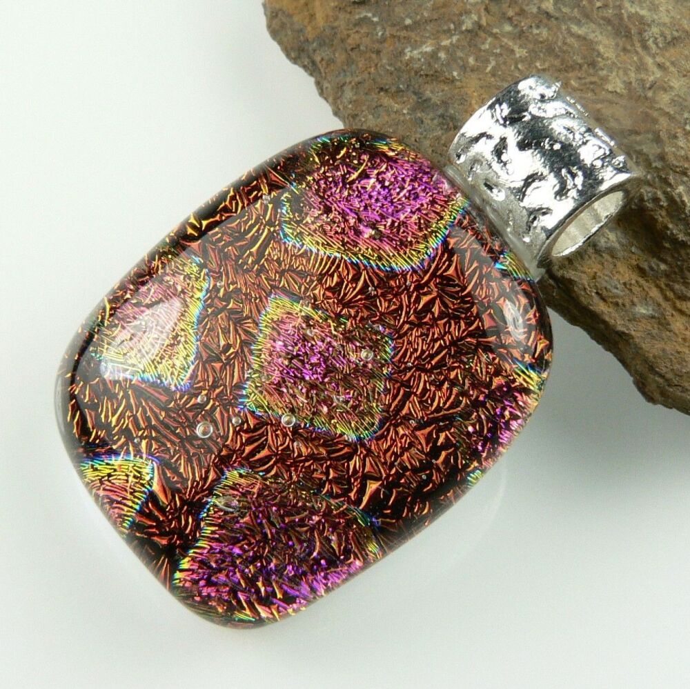 orange pink genuine Dichroic glass pendant, with leather cord