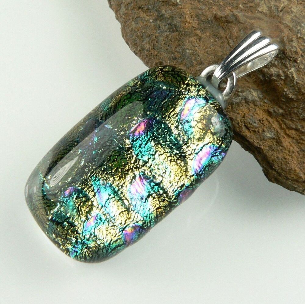 3.2cm multi-coloured genuine Dichroic glass pendant, with leather cord & gift box (#8893)