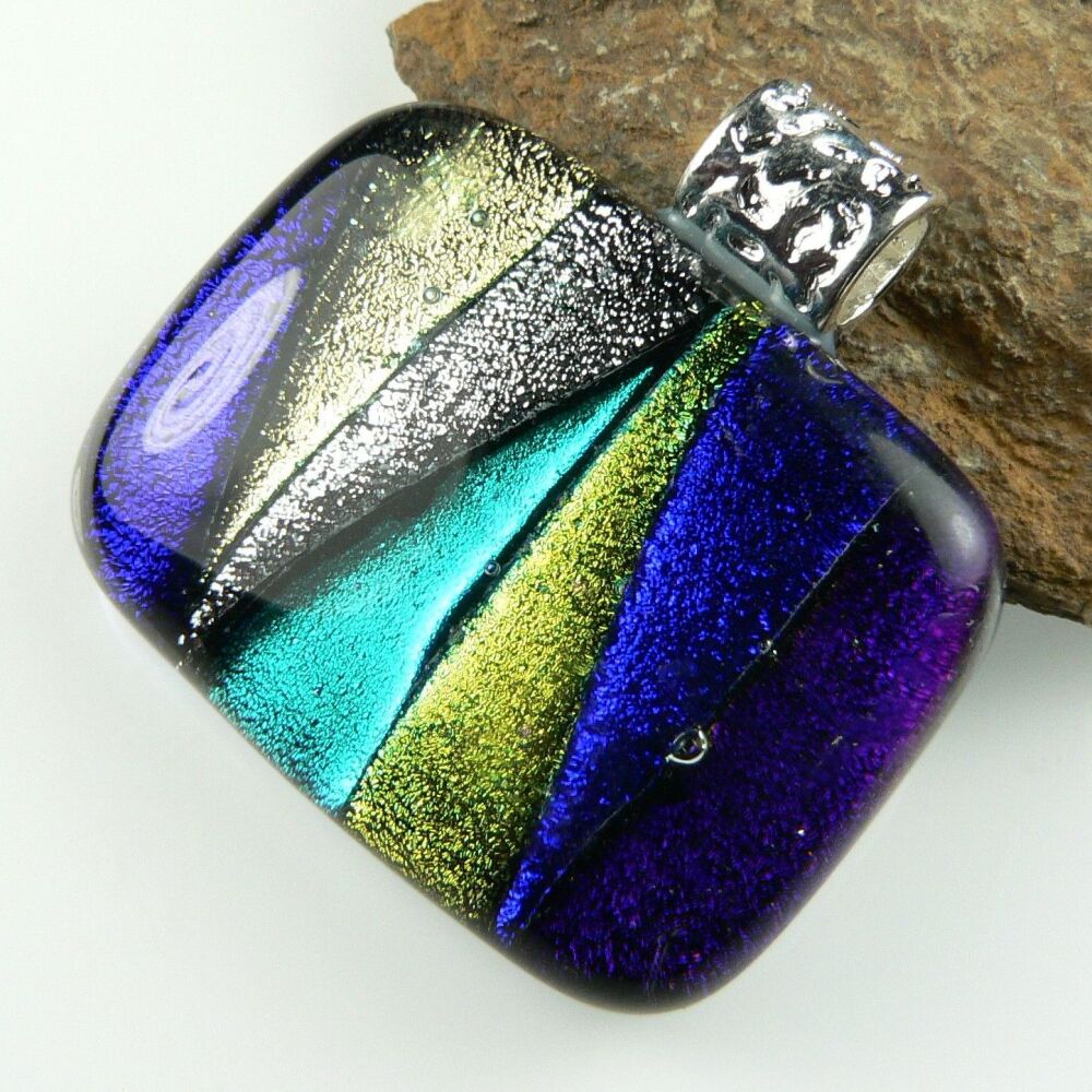 Blue green yellow genuine Dichroic glass pendant, with leather cord