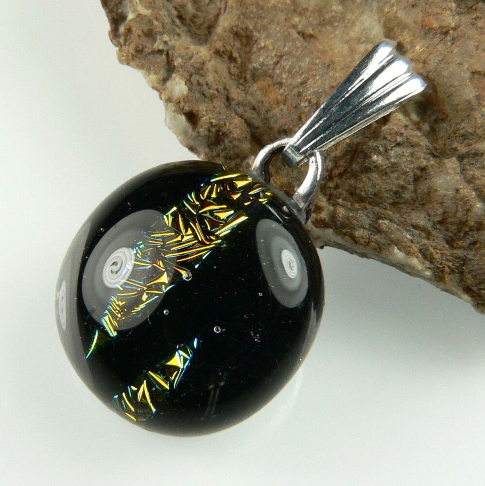 2.3cm black and yellow genuine Dichroic glass pendant, with leather cord & gift box (#9085)