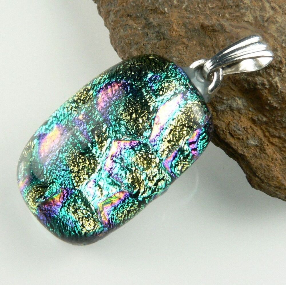 3.2cm multi-coloured genuine Dichroic glass pendant, with leather cord & gift box (#20486)