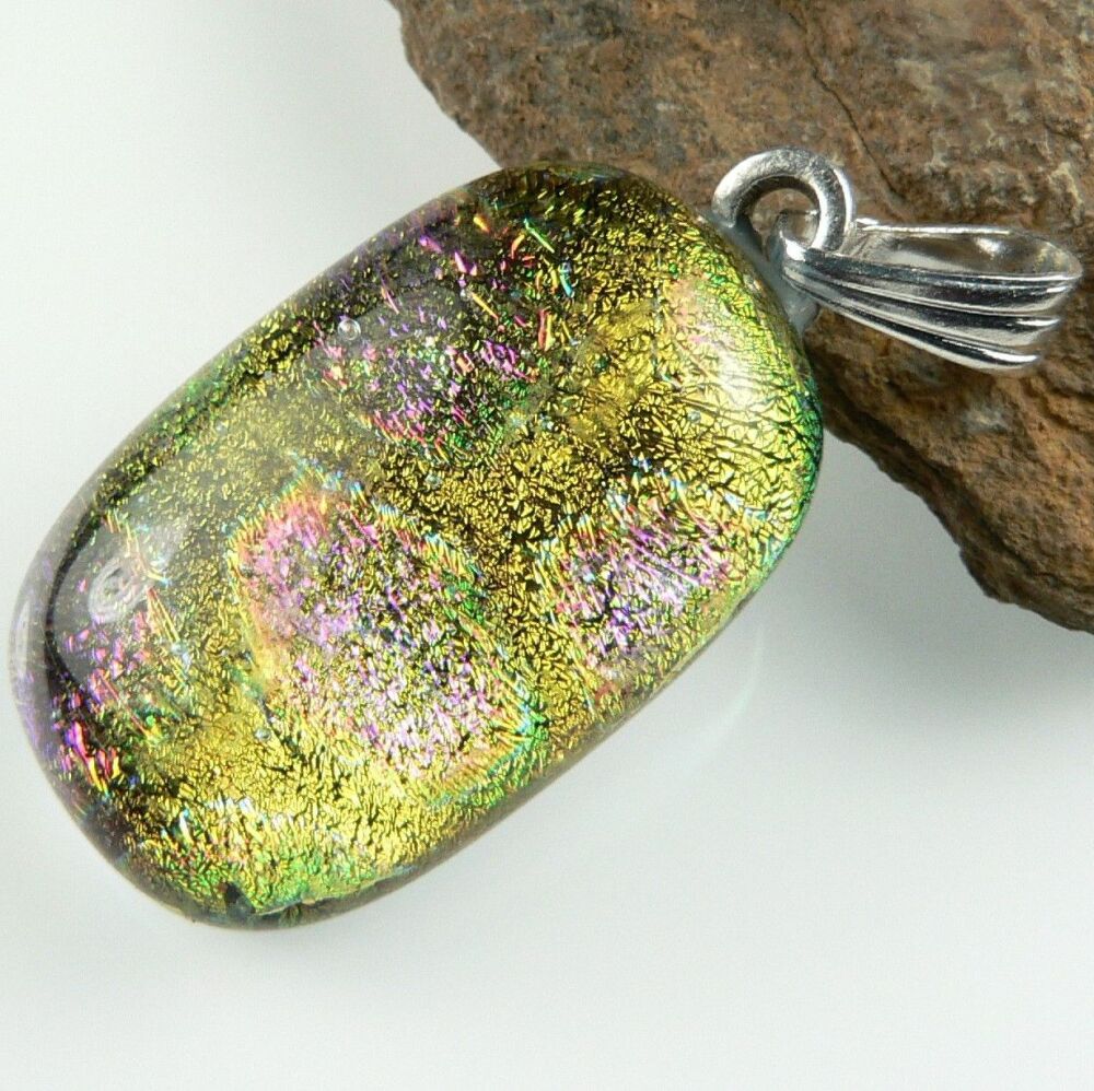 3.3cm yellow and pink genuine Dichroic glass pendant, with leather cord & gift box (#8832)