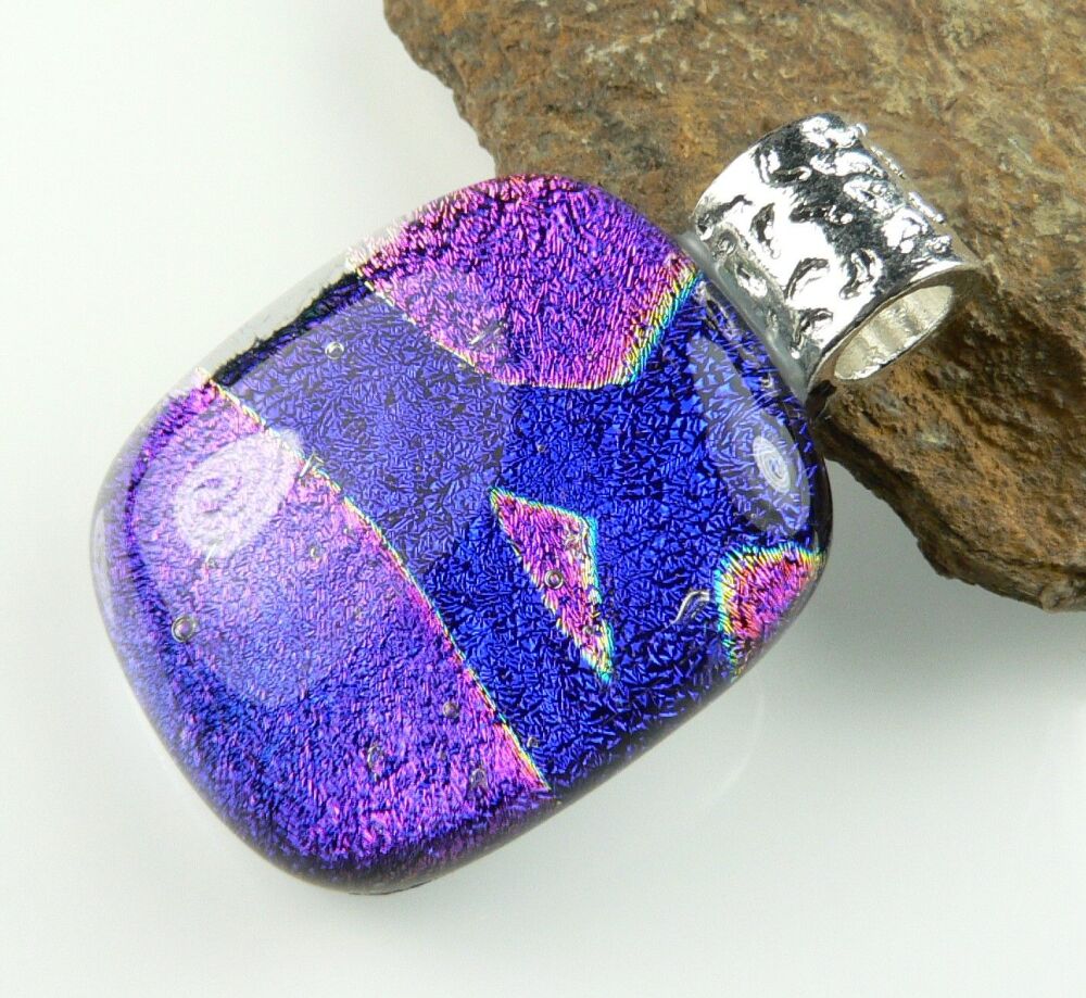 3.4cm pink-ish/purple-ish and blue genuine Dichroic glass pendant, with leather cord & gift box (#8822)