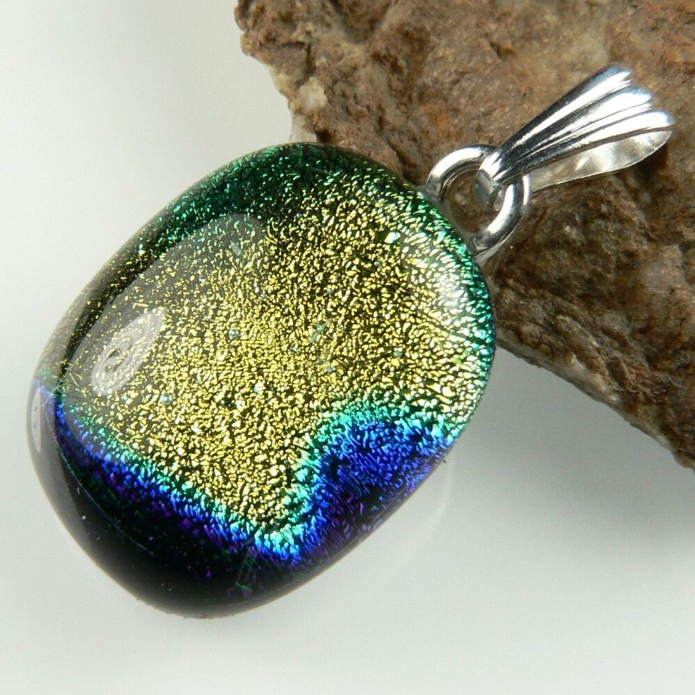 2.7cm yellow green and blue genuine Dichroic glass pendant, with leather cord & gift box (#8890)